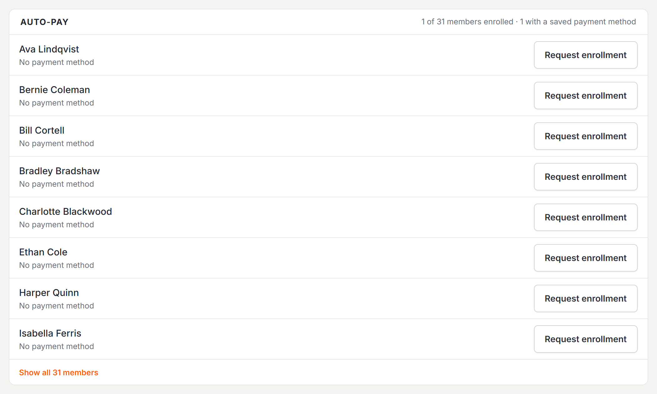 Auto-pay admin panel listing members with enrollment status and request enrollment buttons