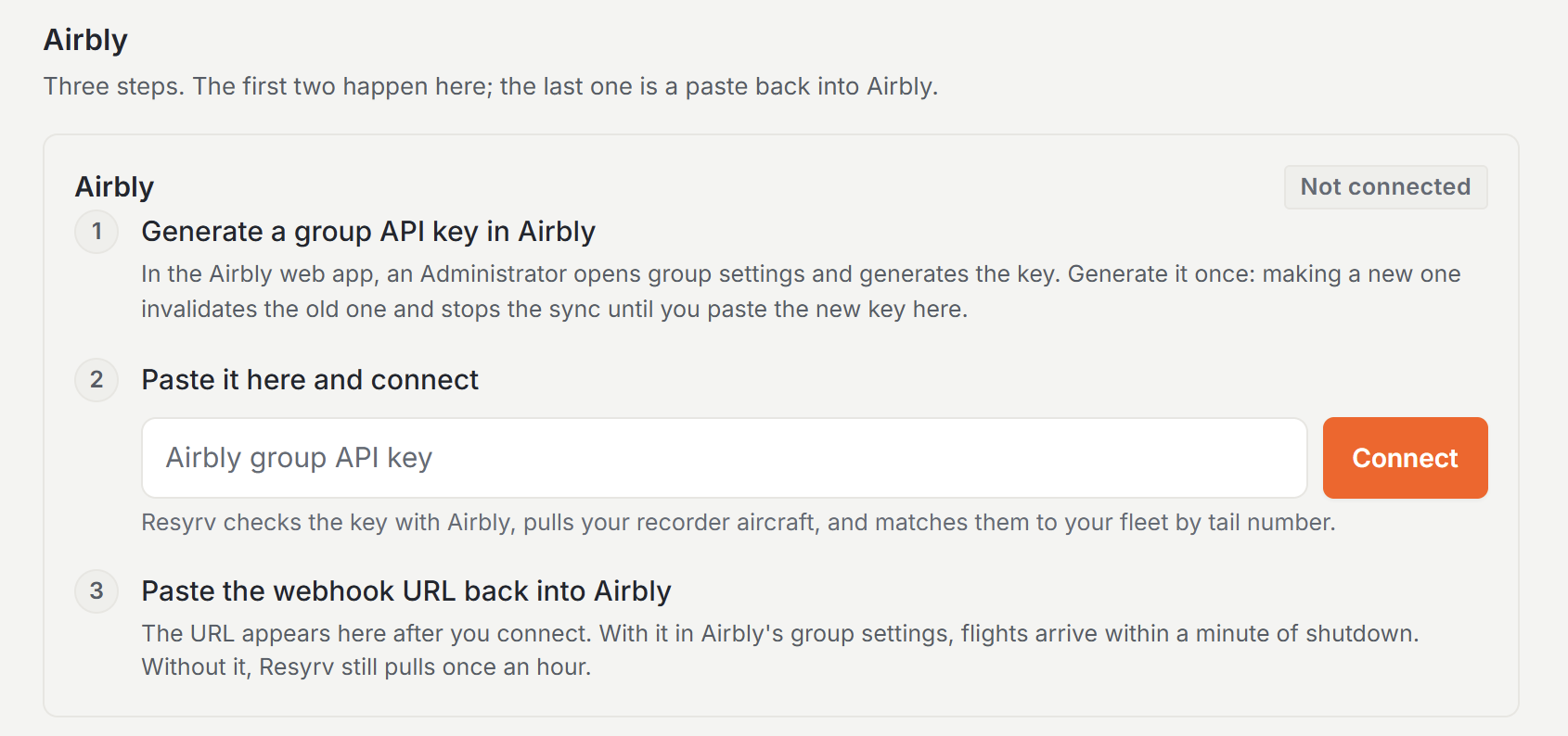 Airbly card marked Not connected, with the three connect steps and an empty group API key field beside a Connect button