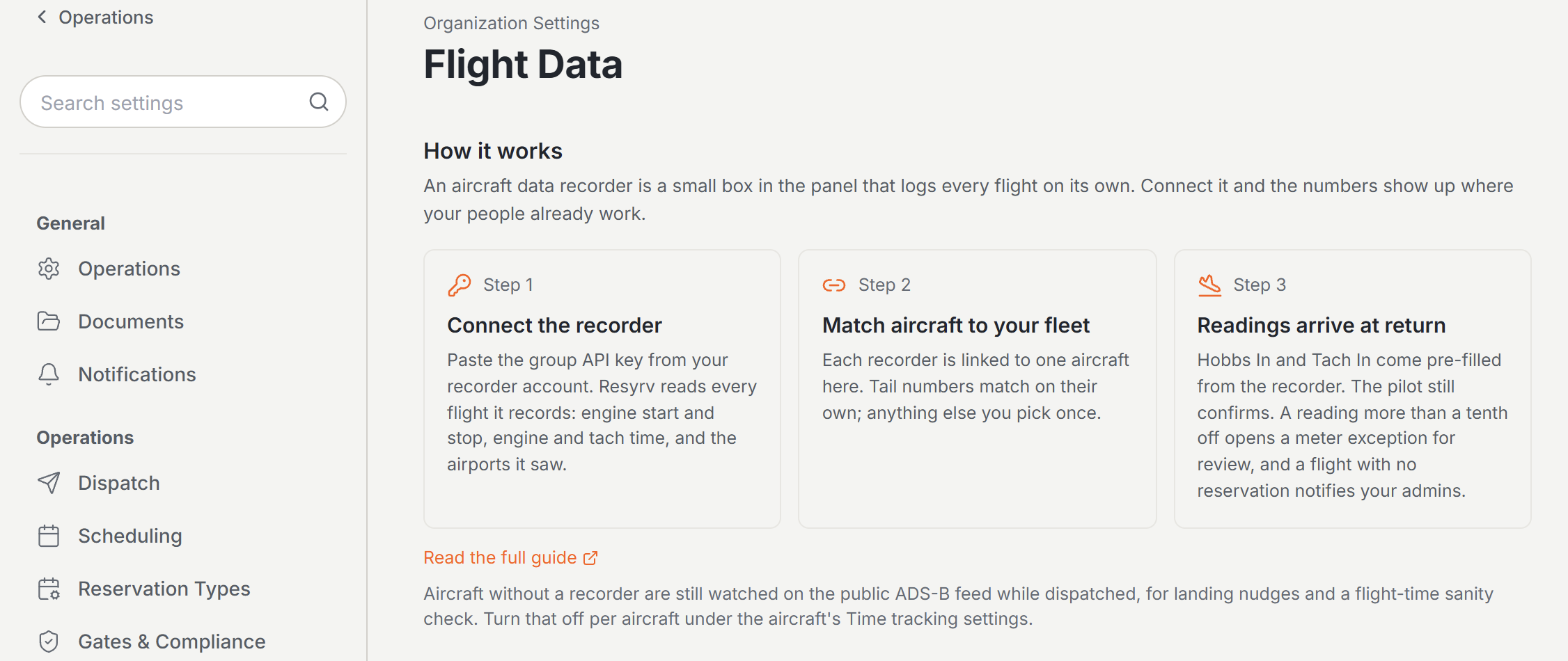 Flight Data page in Organization Settings with three numbered steps: connect the recorder, match aircraft to your fleet, readings arrive at return