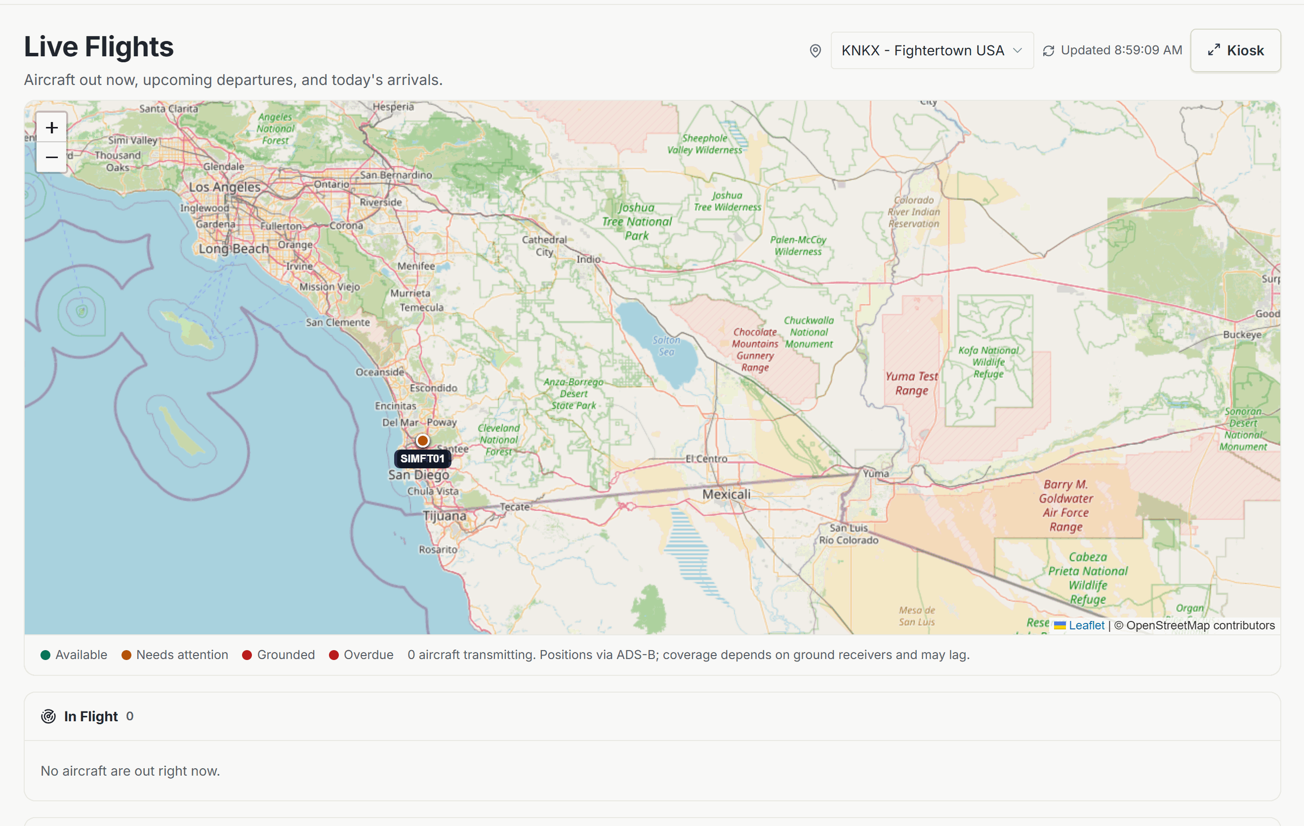 Live Flights page with a map of Southern California showing the fleet at its home field and the in-flight board below