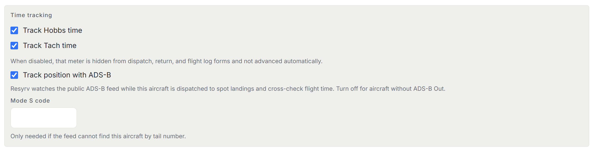 Time tracking settings on an aircraft with switches for Track Hobbs time, Track Tach time, and Track position with ADS-B, plus a Mode S code field