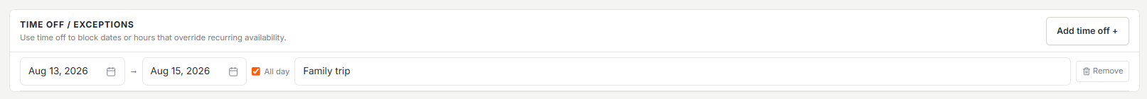 Time off entry with date range, all-day toggle, and reason