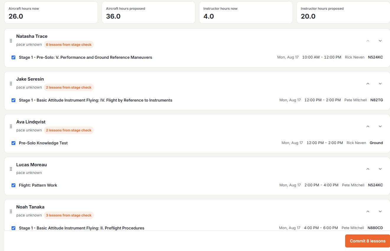Schedule Builder proposal list with utilization scorecard and one lesson proposed per student