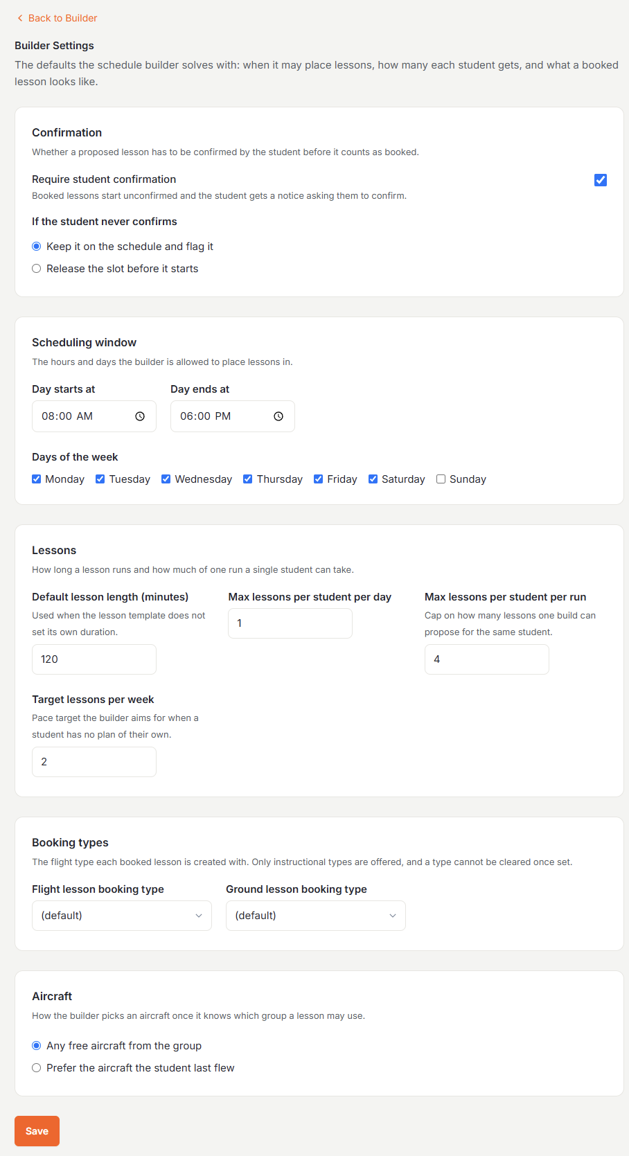 Builder Settings page with confirmation, scheduling window, lessons, booking types, and aircraft sections