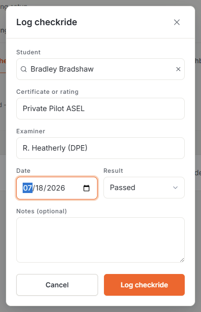 Log checkride form with student, rating, examiner, date, and result