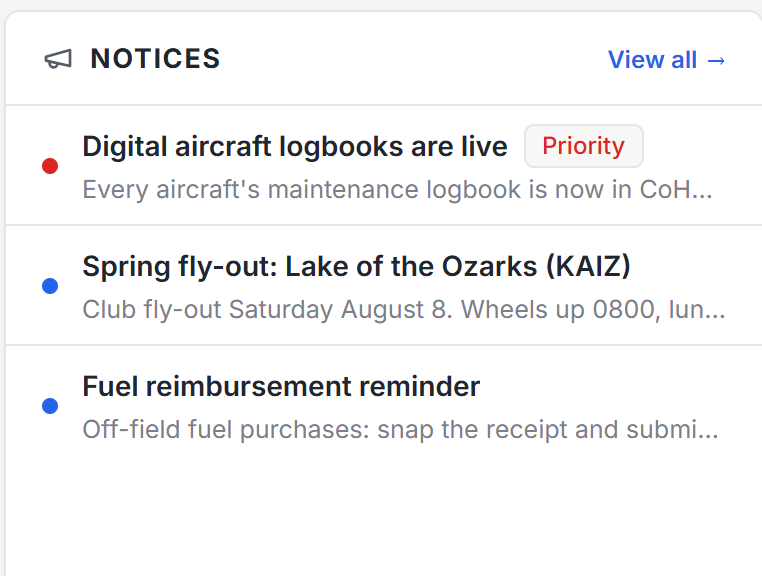 Member dashboard notices panel with announcements
