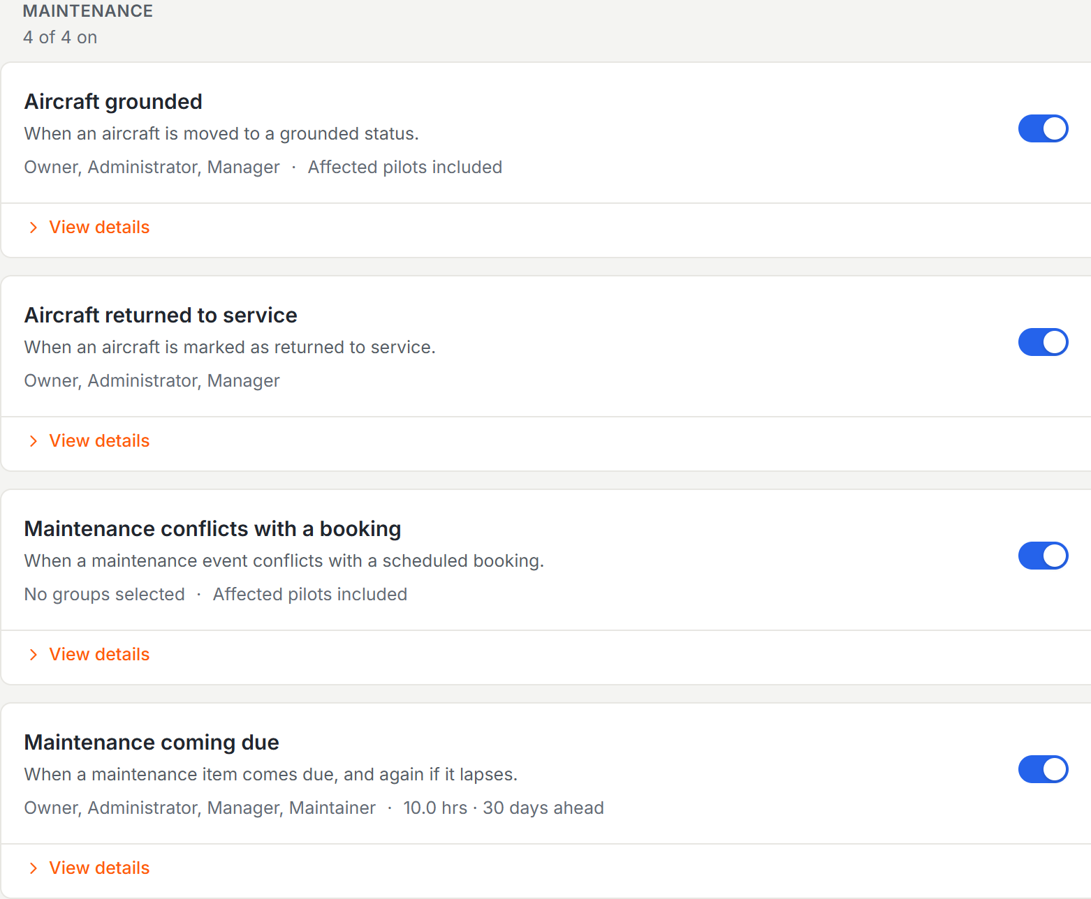 Notification settings with one switch per event and its audience