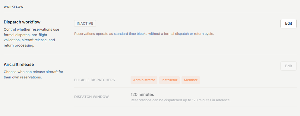 Dispatch workflow settings with eligible dispatchers and dispatch window