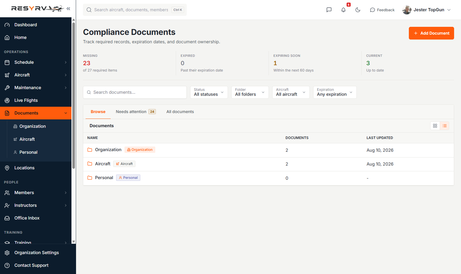 Documents workspace showing the organization, aircraft, and personal folders