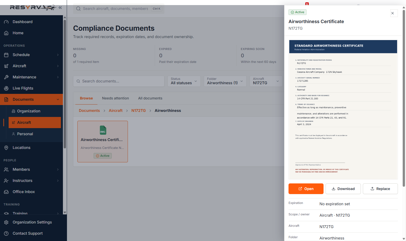 Document preview panel showing a scanned certificate