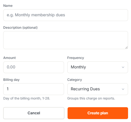 New dues plan form with amount, frequency, billing day, and category