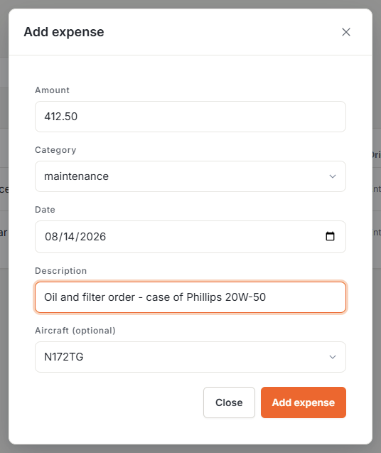 Add expense modal with amount, category, date, description, and aircraft