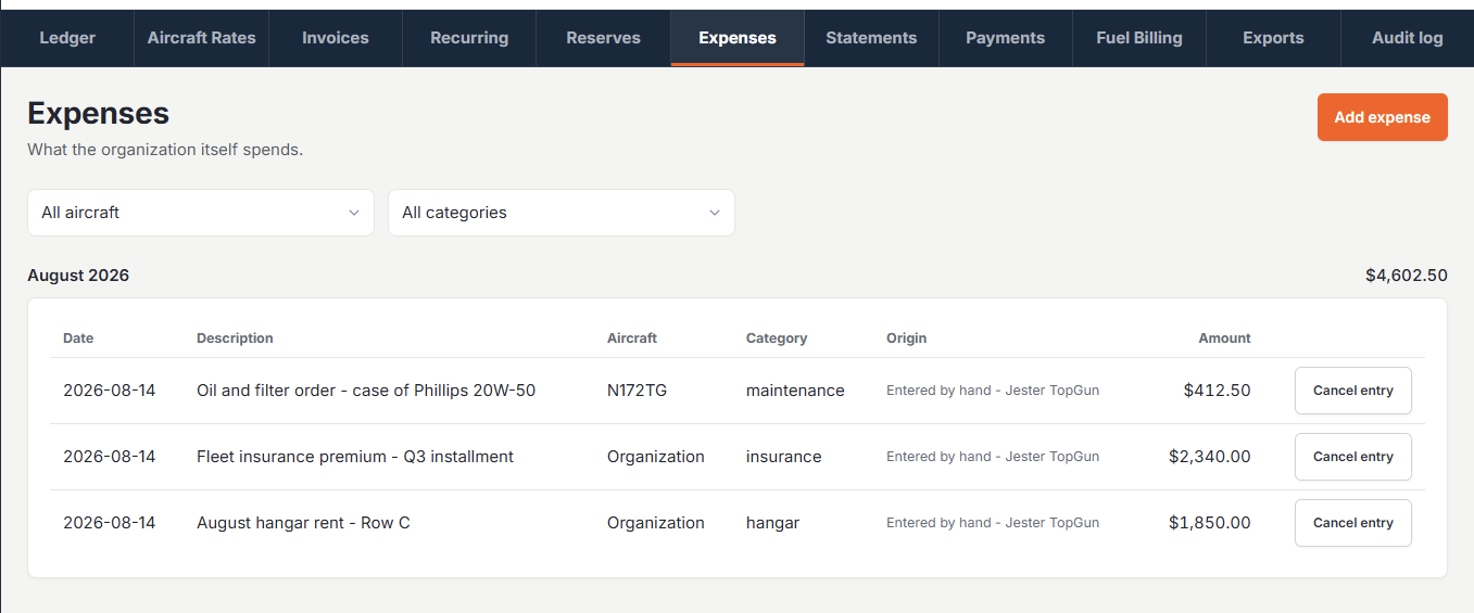 Expenses page with month totals and origin column