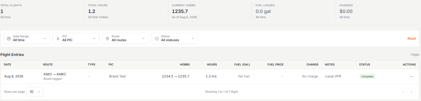Aircraft flight log with totals and a flight entry showing meters and charge