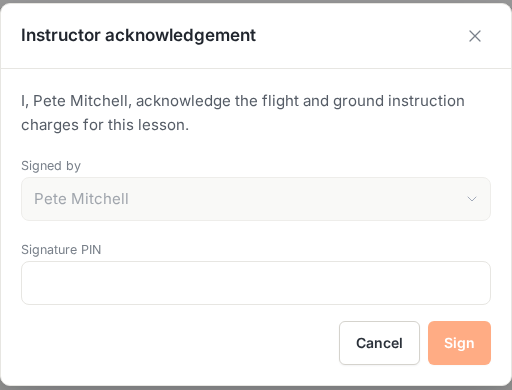 Instructor acknowledgement dialog with PIN field