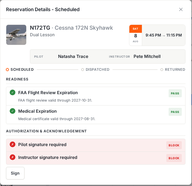 Lesson reservation with pilot and instructor signatures both required