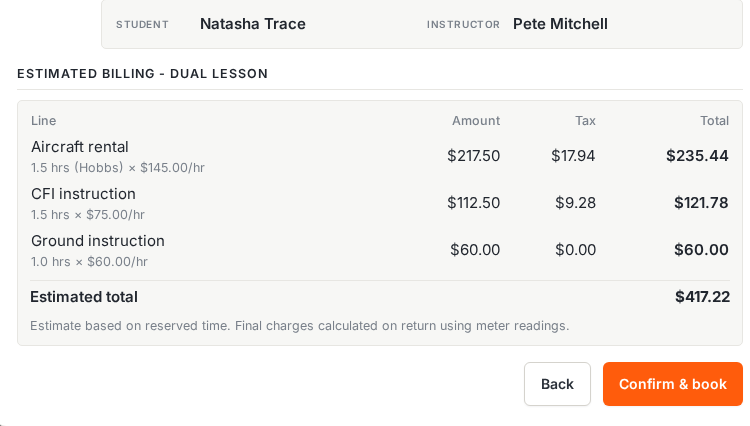 Lesson booking review with aircraft, CFI instruction, and ground instruction lines