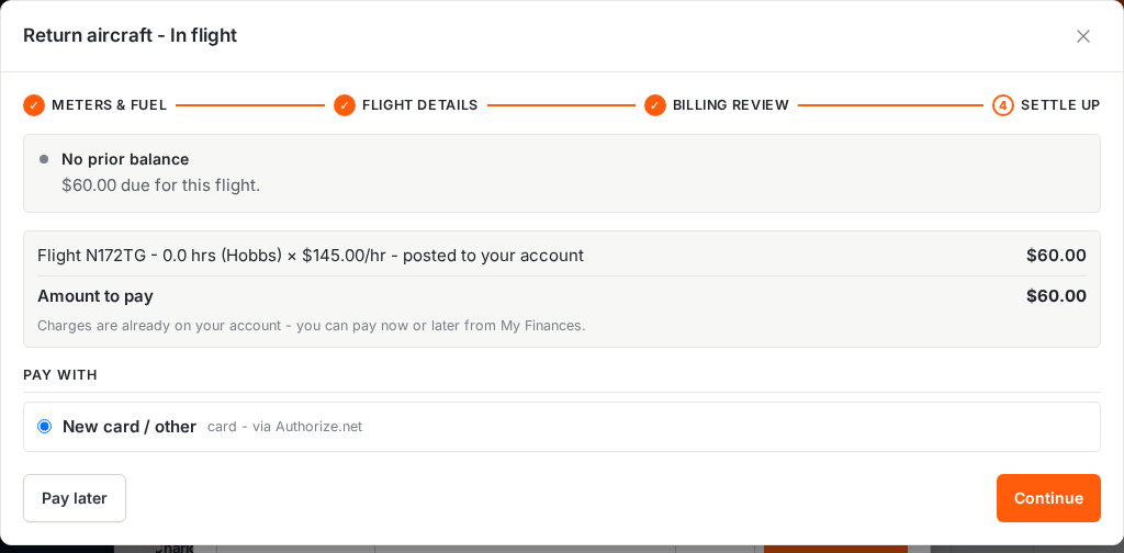 Lesson settle-up step with amount due and pay now or pay later options