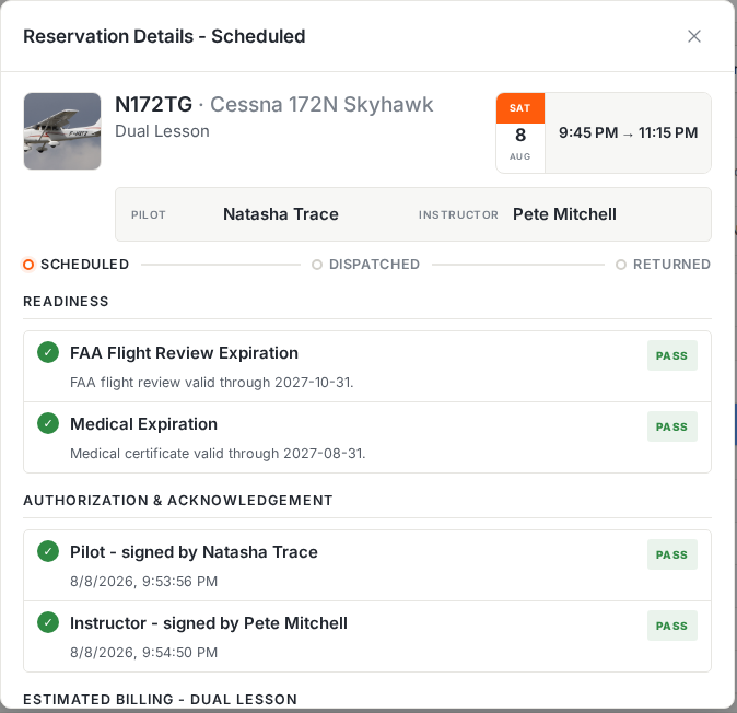 Lesson reservation with both signatures recorded and passing