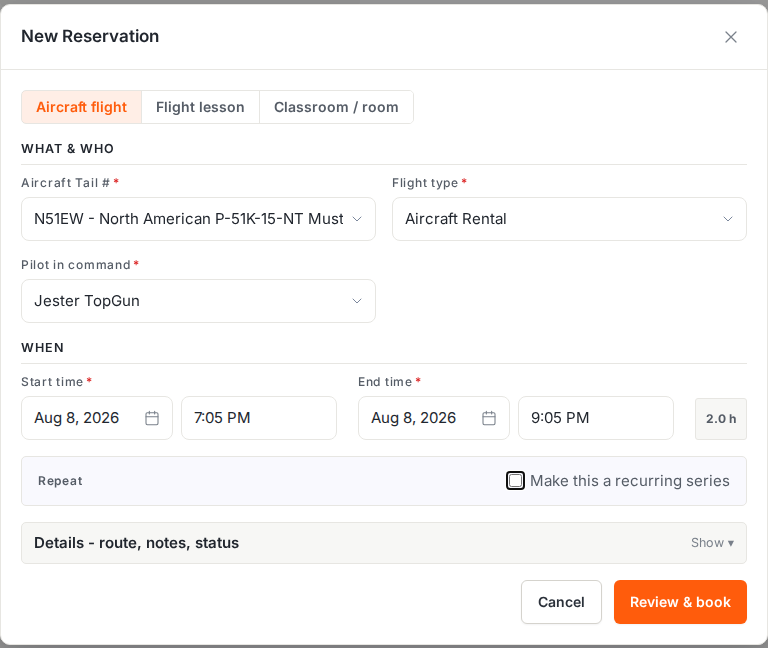 New Reservation form with aircraft, flight type, pilot, and times