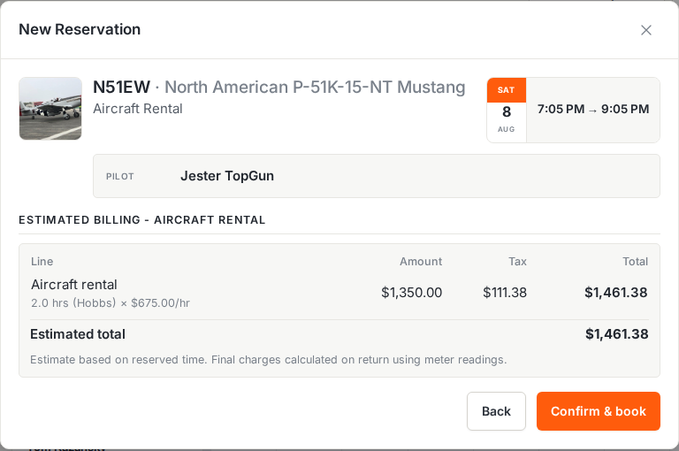 Booking review with estimated billing and Confirm & book button