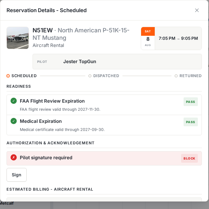 Reservation details with readiness checks passing and pilot signature required