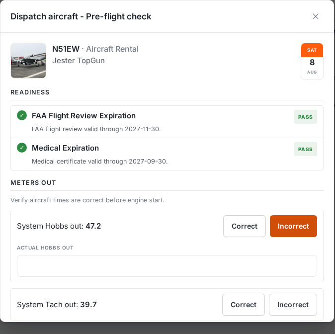 Dispatch pre-flight check with readiness results and meters-out verification