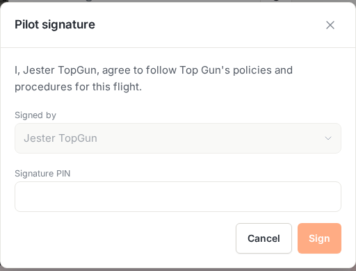 Pilot signature dialog with policy agreement text and PIN field
