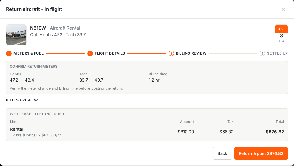 Return wizard billing review with meter deltas and computed charge