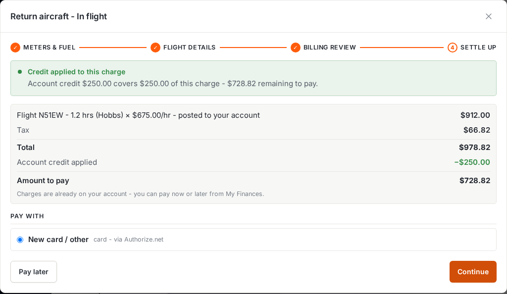 Return wizard settle-up step with account credit applied and pay options