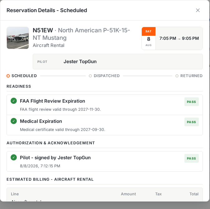 Reservation details with pilot signature recorded as passing