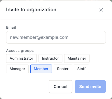 Invite to organization dialog