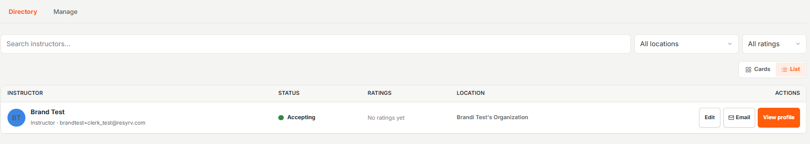 Instructor directory with status, ratings, and location