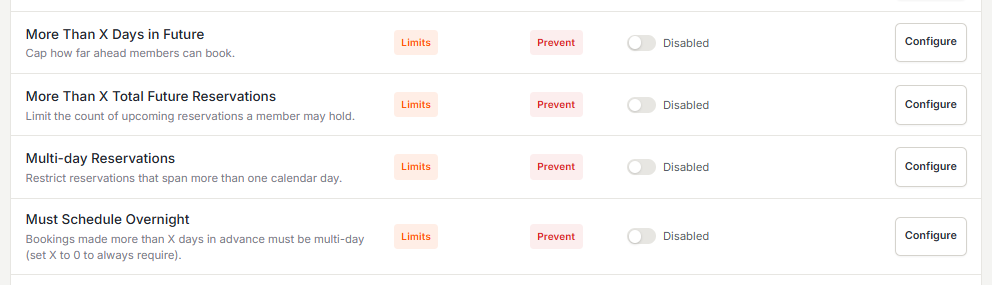 Booking limit rules like days-in-future caps and overnight requirements