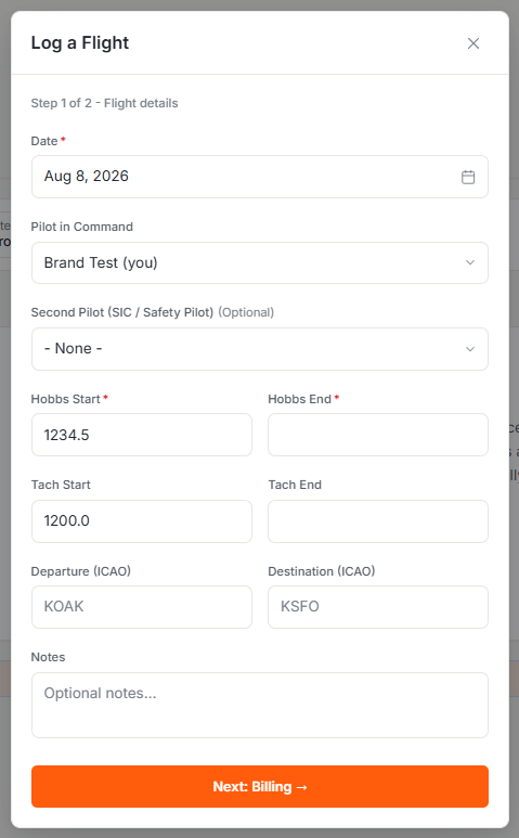 Log a Flight form with date, pilots, Hobbs and tach readings, and route