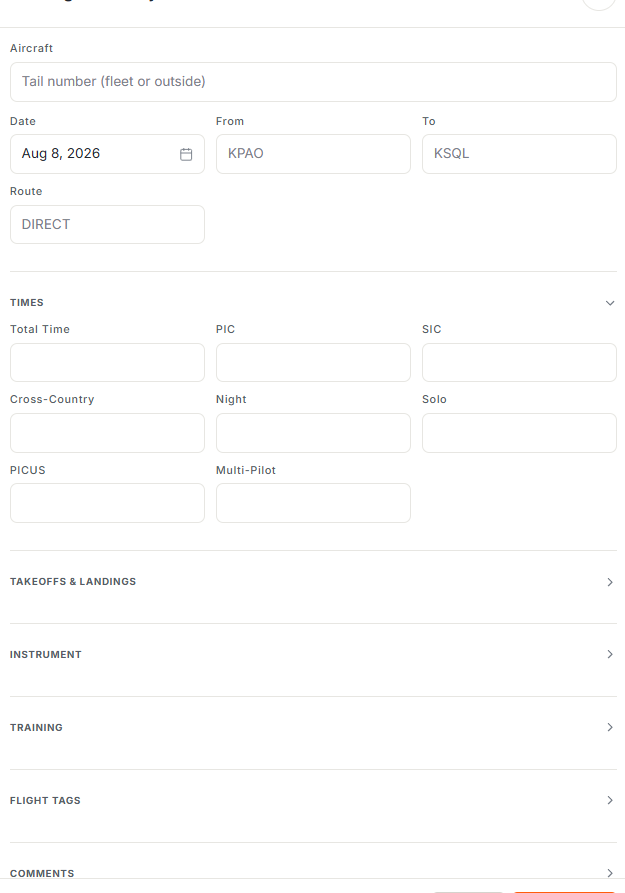 Logbook entry editor with times, takeoffs and landings, instrument, and training sections
