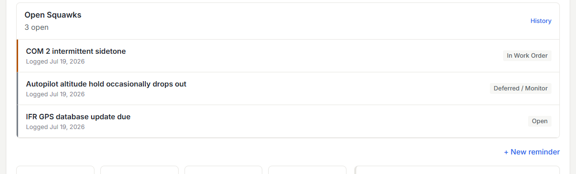 Open squawks list with triage statuses