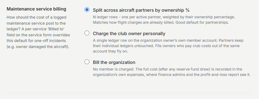 Maintenance service billing setting with three options including Bill the organization