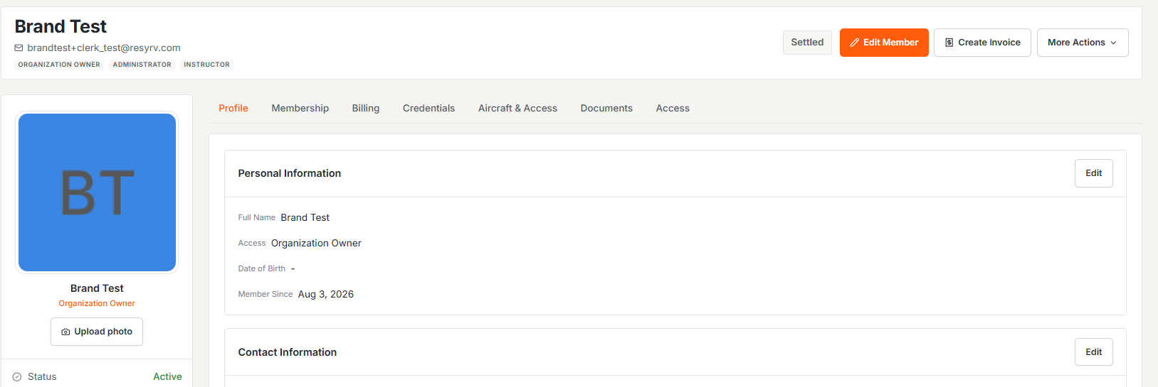 Member detail page with group chips, tabs, and quick actions