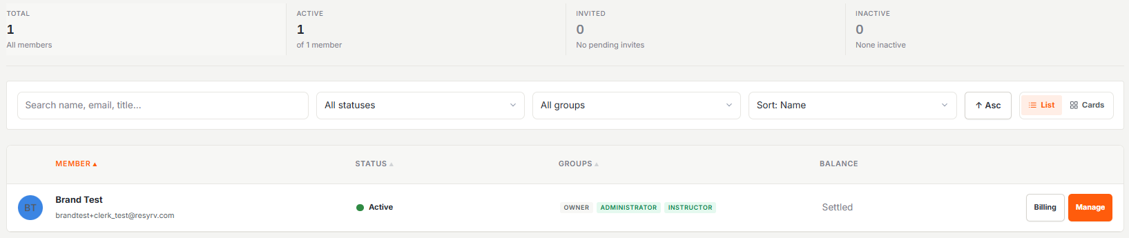 Members list with status tiles, filters, and a member row showing groups and balance