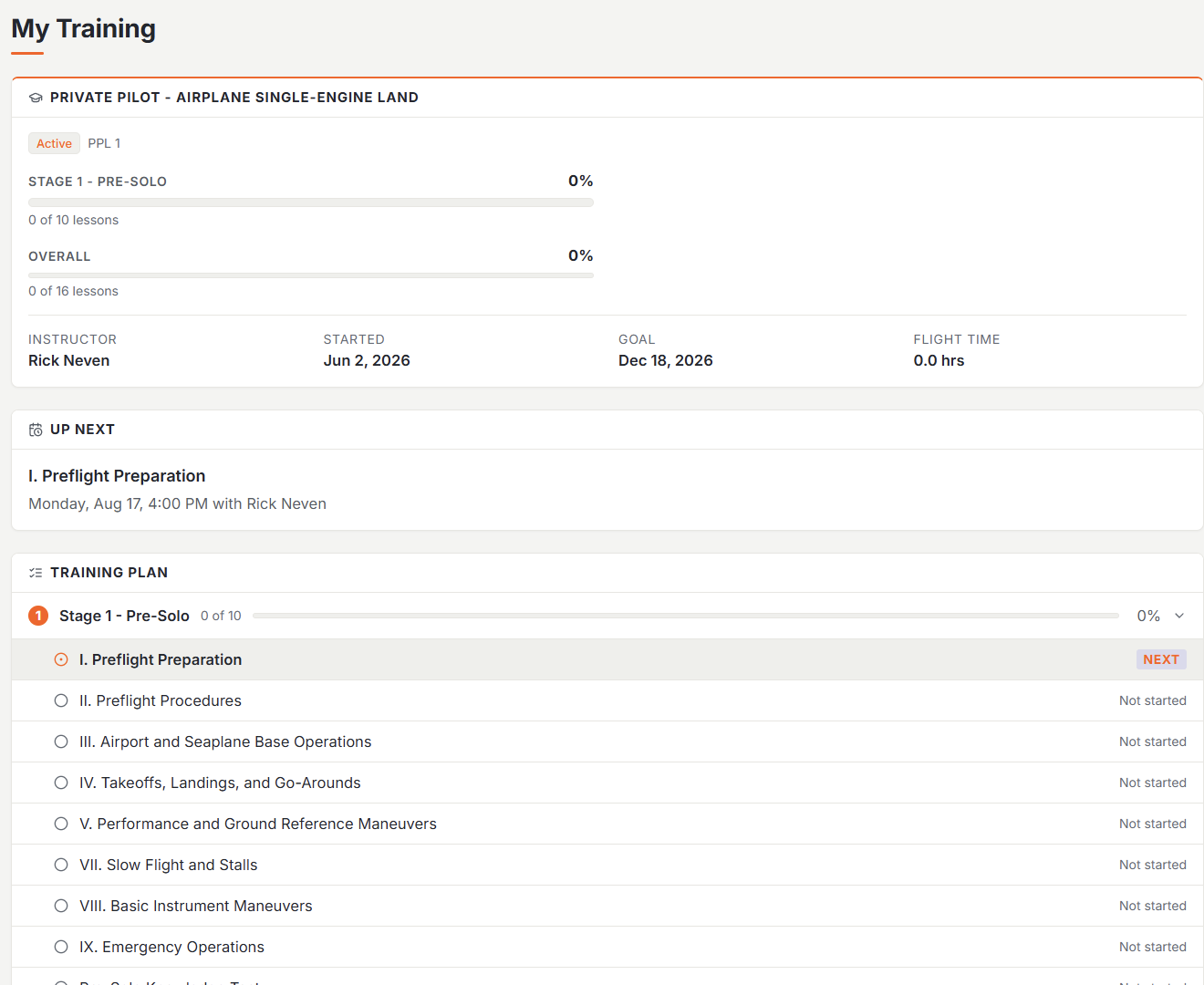 My Training with stage and overall progress bars, instructor and dates, an Up next card, and the stage plan