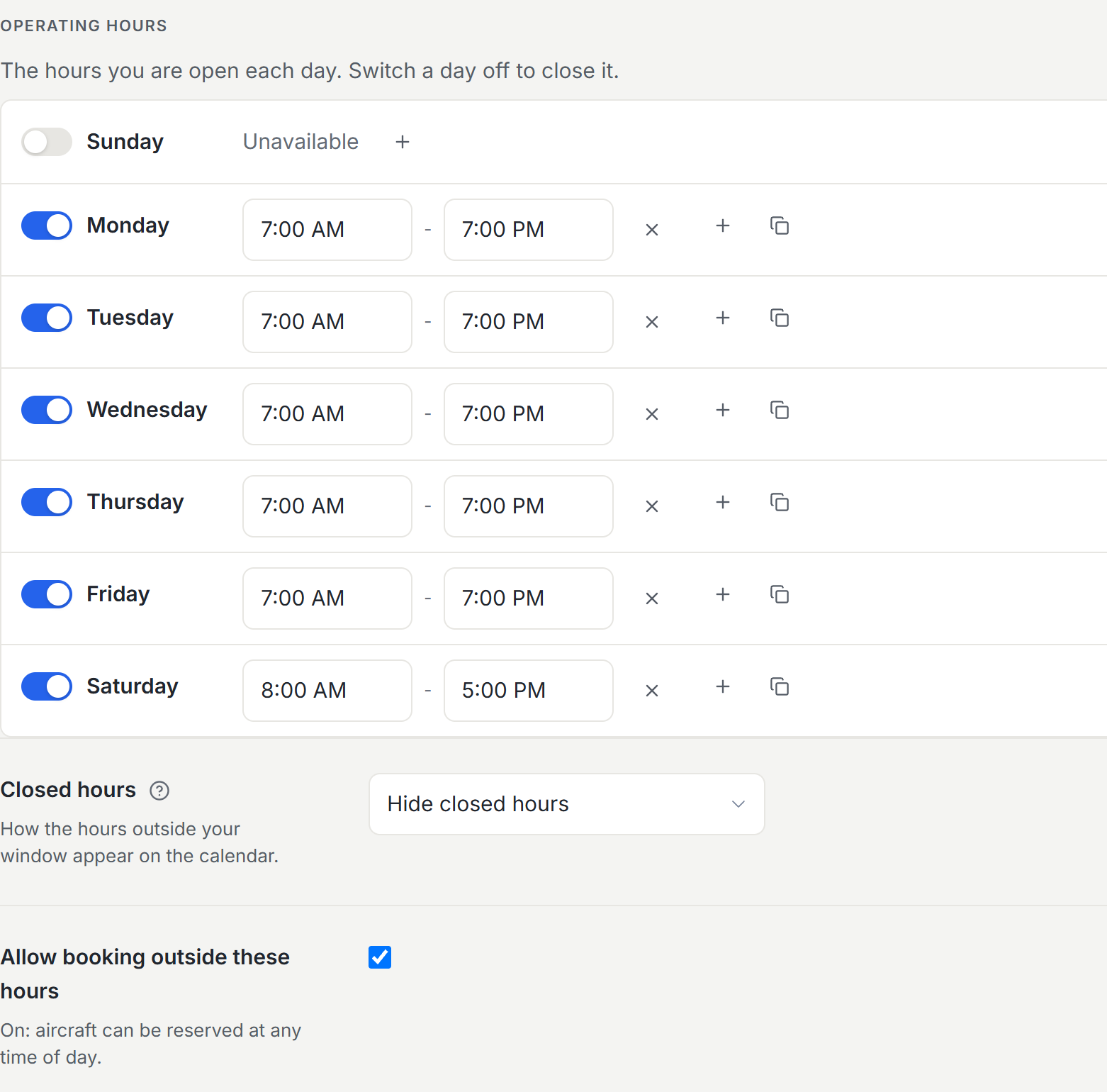 Operating hours editor with one row per weekday, Sunday switched off and reading Unavailable, the Closed hours menu, and the Allow booking outside these hours checkbox