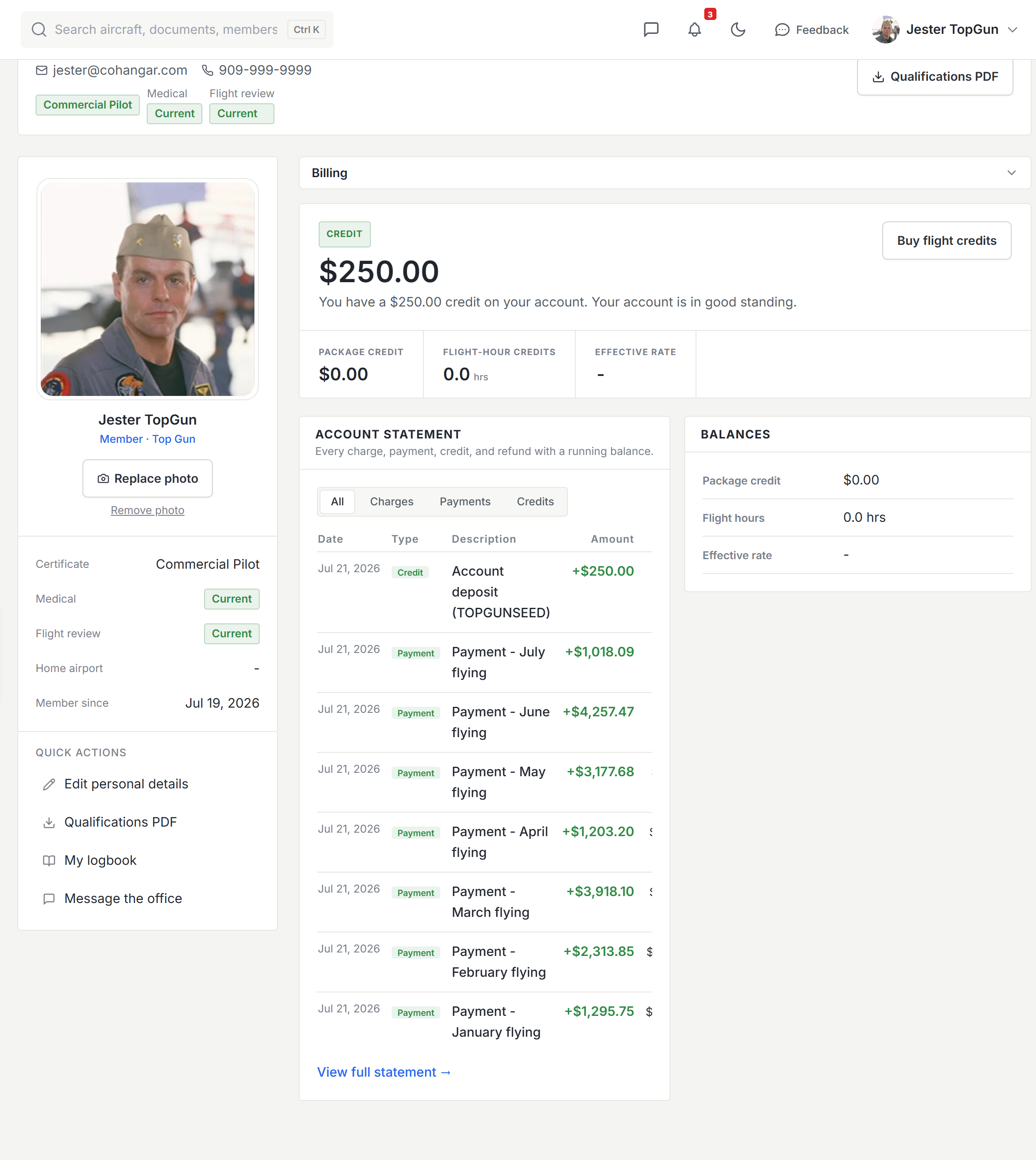 Member account hub with the Billing tab selected
