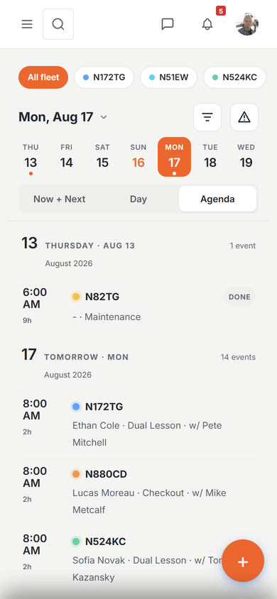 The Resyrv schedule on a phone showing the day strip, view switcher, and agenda cards