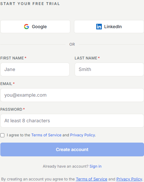 Resyrv sign-up form