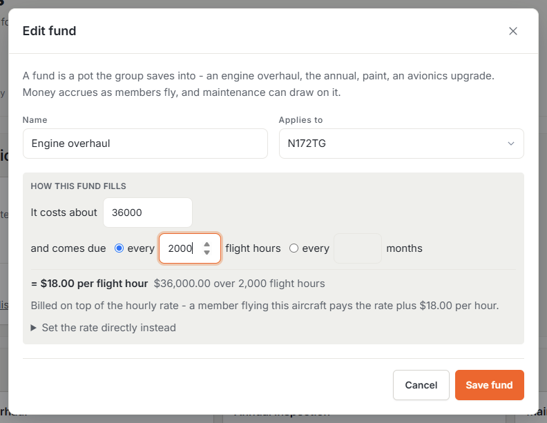 Fund editor showing cost and interval with a live per-hour rate preview