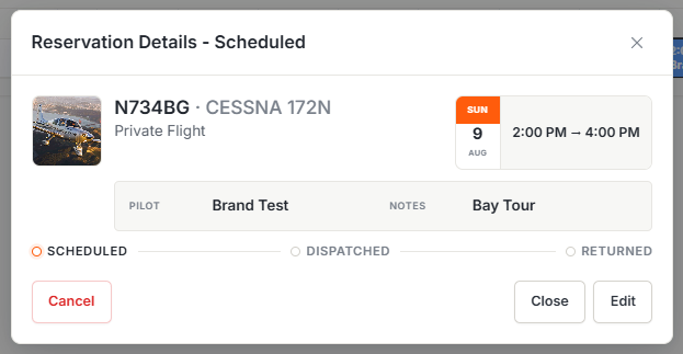 Reservation details card with pilot, time, and actions