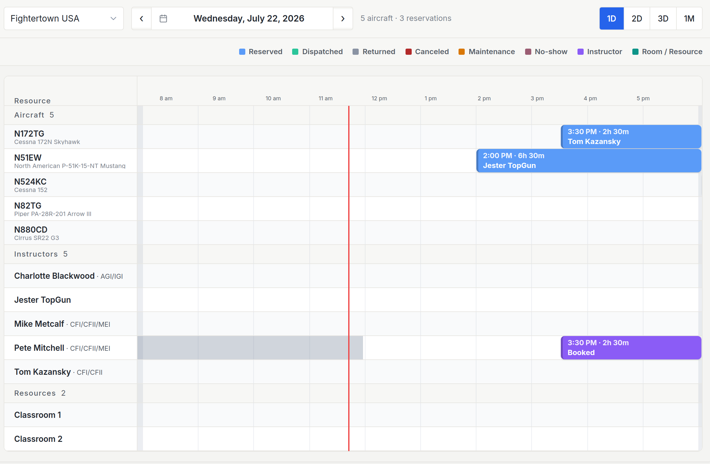 Daily schedule with fleet and instructors