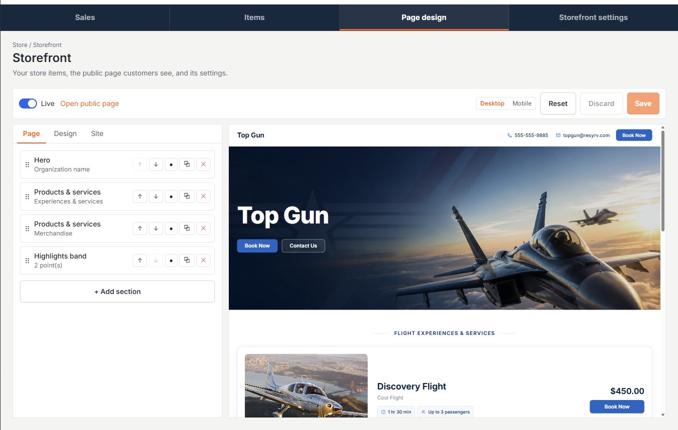 Page designer with section list on the left and live preview on the right