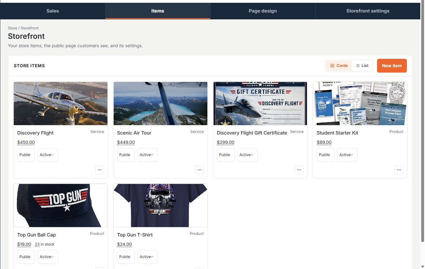 Store items in card view with photos, inline price, stock, visibility, and status